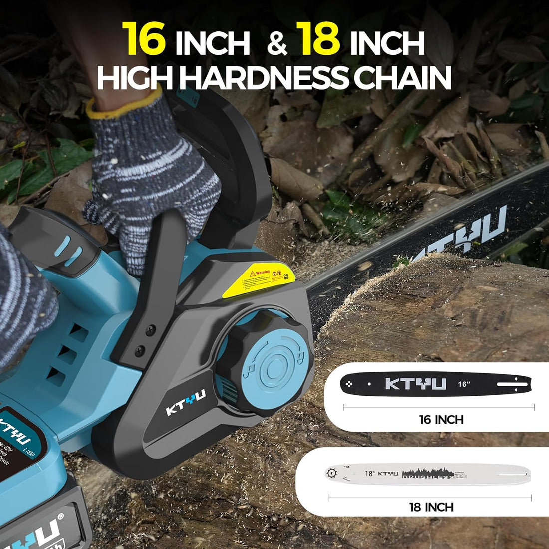 KTYU Brushless Cordless Chainsaw 18 Inch and 16 Inch, Battery Power Chain Saw with Auto-oiling and Tool-less Tensioning for Wood Cutting, Logging and Tree Trimming, 4.0Ah Battery and Charger Included