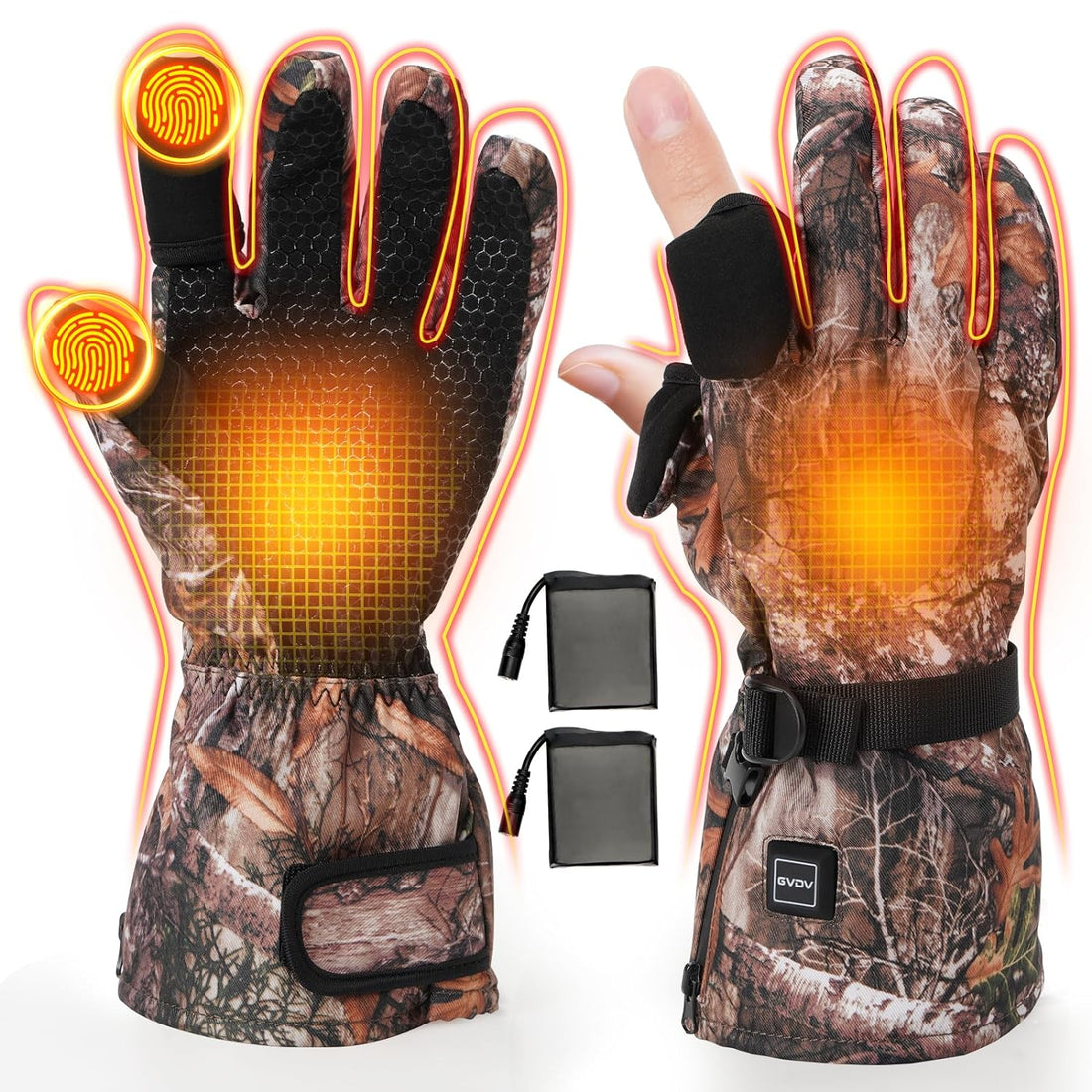 GVDV Hunting Heated Gloves for Men, 7.4V 3400mAh Rechargeable Touch Screen Heating Gloves with 2 Battery Packs, Winter Hand Warmers Glove for Outdoor Hunting Fishing Shooting Hiking, Camouflage, L