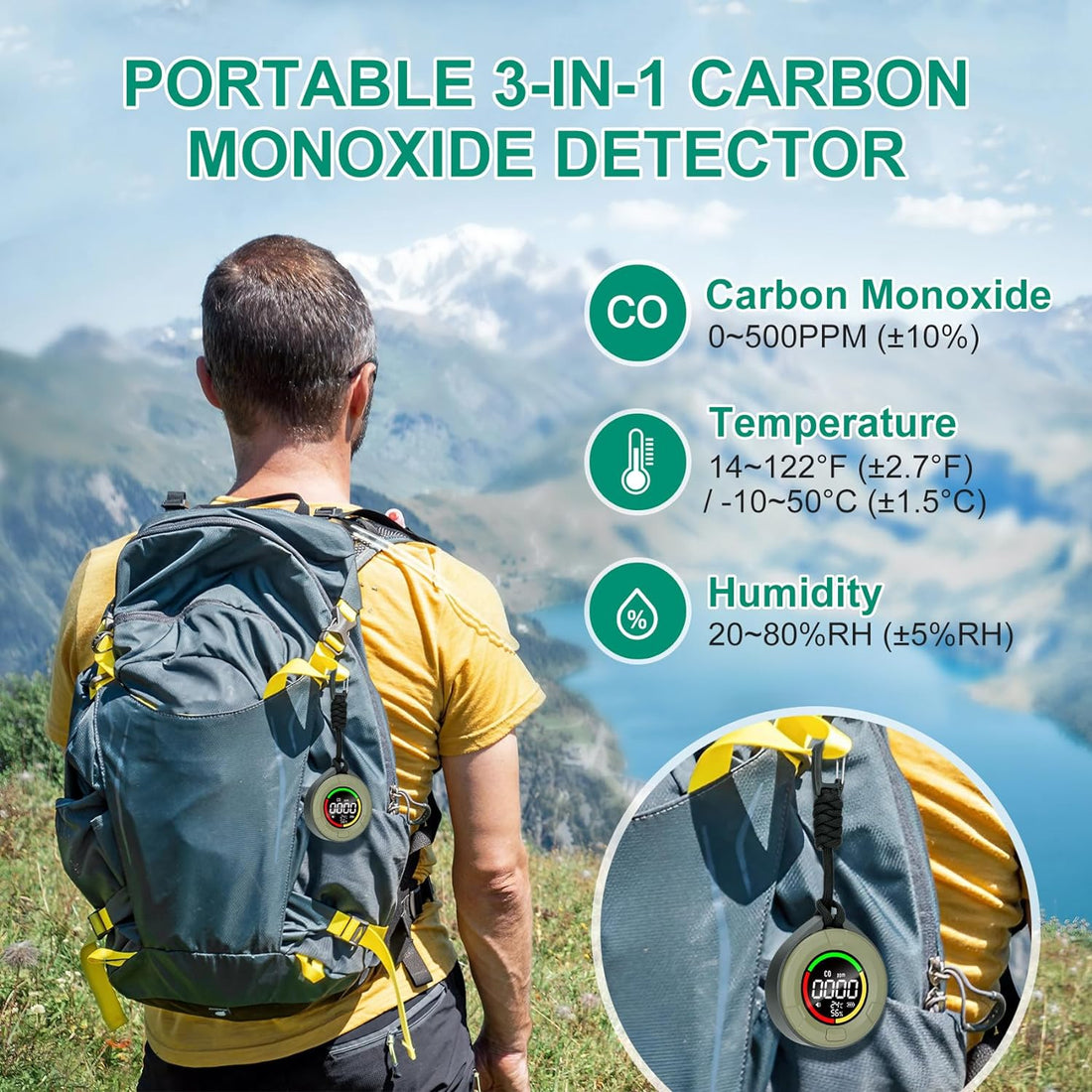 Lunarlipes Portable Carbon Monoxide Detectors for Travel, Mini 3-in-1 Carbon Monoxide Monitor with Magnetic Suction, RV CO Detector Alarm Temp/Humidity Sensor, Air Quality Monitor for Indoor/Oudoor