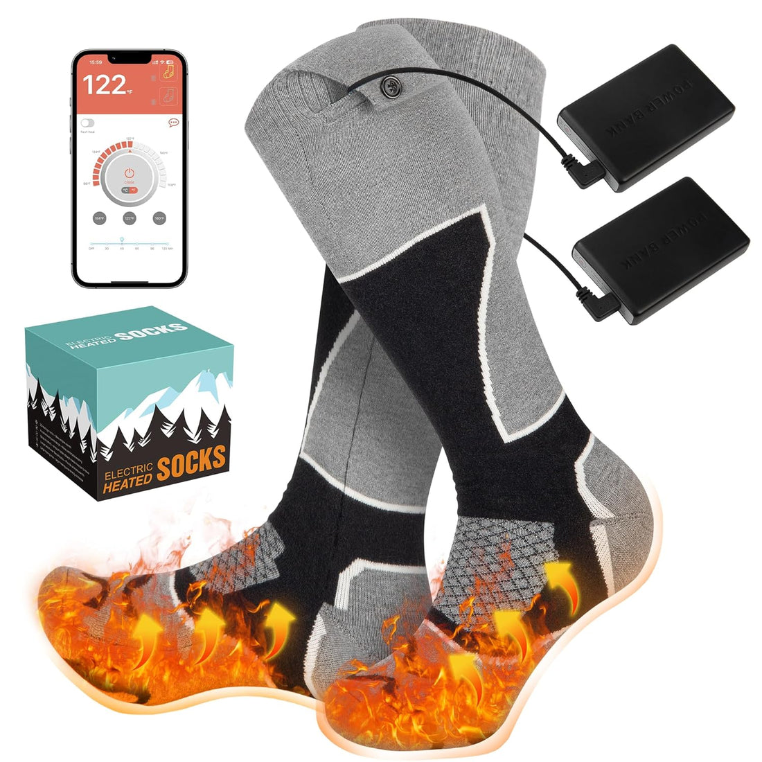 untovei Heated Socks, 2023 Upgraded Electric Heated Socks for Men Women, Rechargeable 5000mAH Battery Heated Winter Thermal Socks with APP Remote, Washable Foot Warmers Skiing Climbing Outdoor Socks
