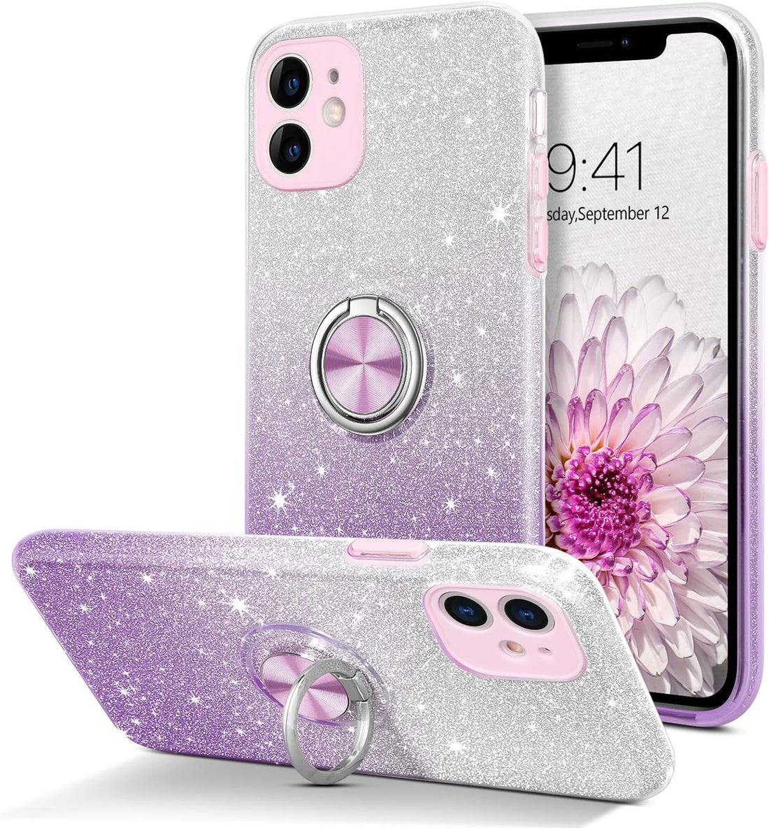 BENTOBEN iPhone 11 Case, iPhone 11 Phone Case, Slim Fit Glitter Sparkly Case with 360° Ring Holder Kickstand Magnetic Car Mount Supported Protective Girls Women Cover for iPhone 11 6.1" (2019), Purple