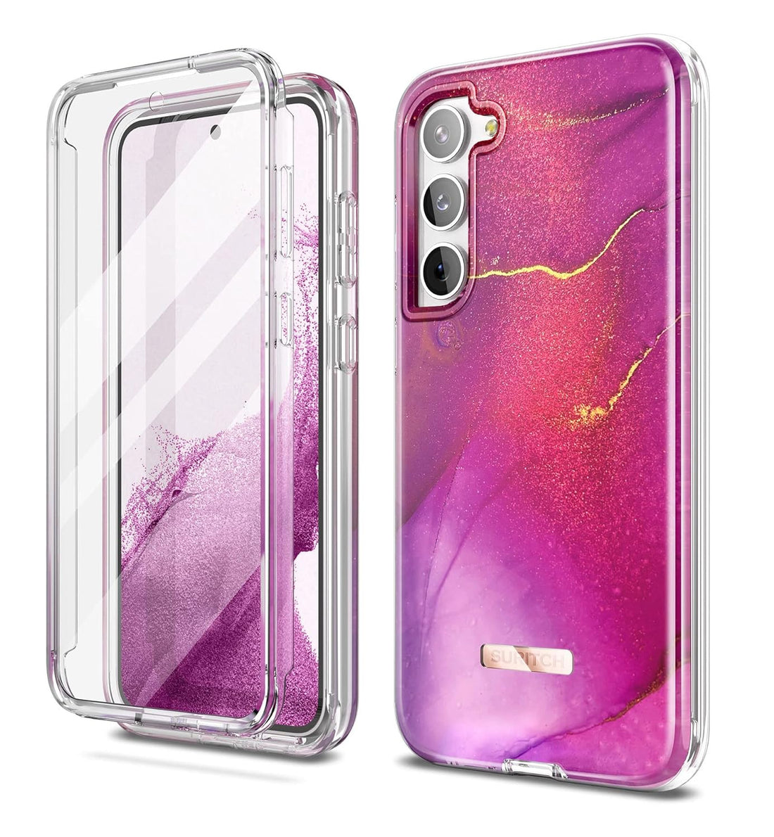 SURITCH for Samsung Galaxy S23 Plus Case, [Built-in Screen Protector] [Dual-Layer Protection ] Full Protection Shockproof Rugged Bumper Phone Cover for Samsung S23 Plus 6.6 Inch-Pinkish Purple Marble