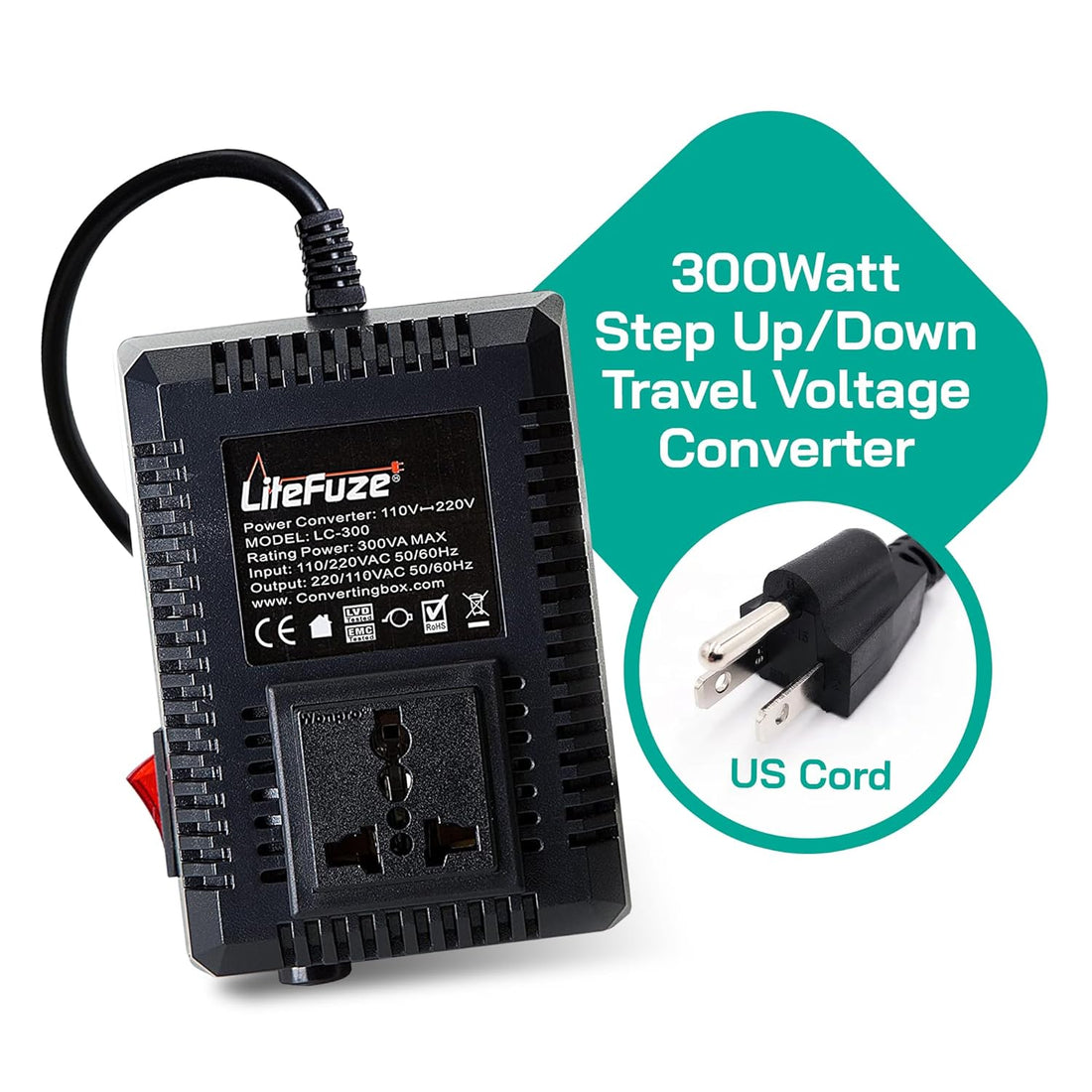 LiteFuze LC-300US 300Watt Step Up/Down Travel Voltage Converter, US Cord