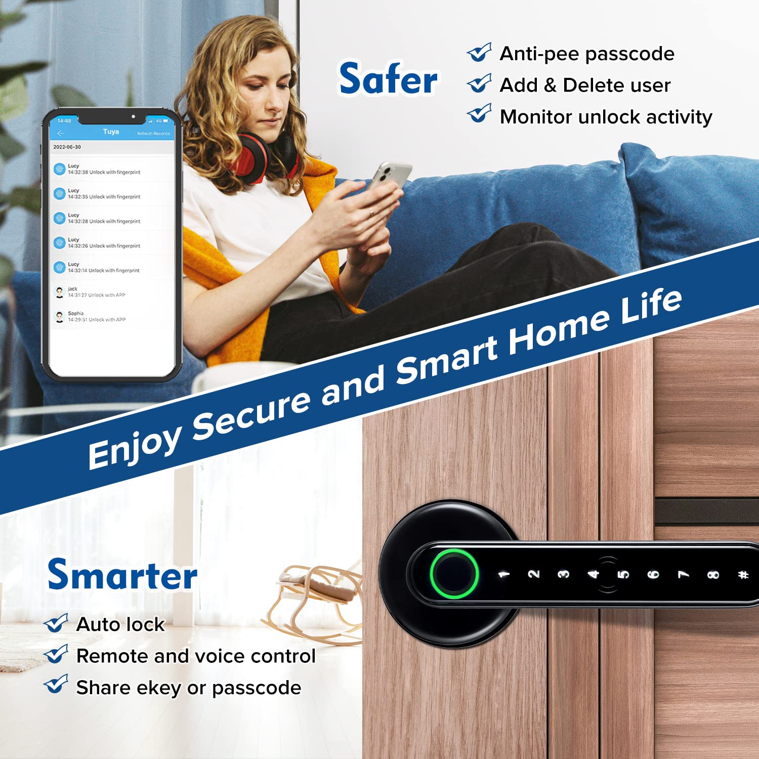 KISSTY Advanced 7-in-1 Smart Fingerprint Door Lock, Matt Black, Biometric, Keyless