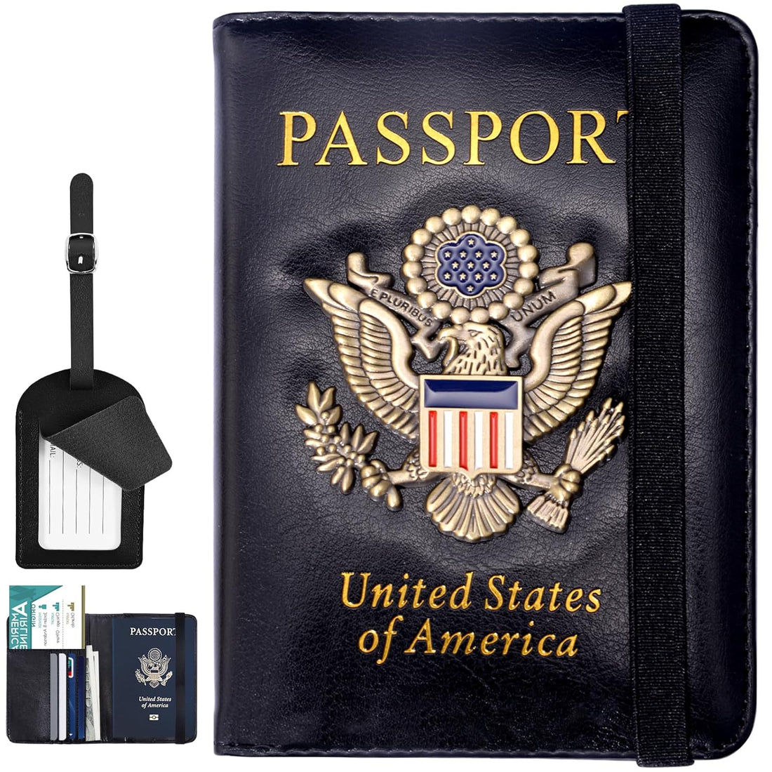 Passport Holder Cover Case with Airtag, Travel Passport Book Wallet and Vaccine Card Holder Combo, US ID Badge Porta Pasaporte with RFID Blocking, Leather Document Organizer for Men Women Kids, Black, Polished Leather Surfaces