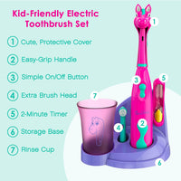 Brusheez - Childrens Electric Toothbrush Includes Toothbrush, Adorable Head Cover, 2 Toothbrush Heads, 2-Minute Sand Timer, and Holder Stand - Prancy the Pony