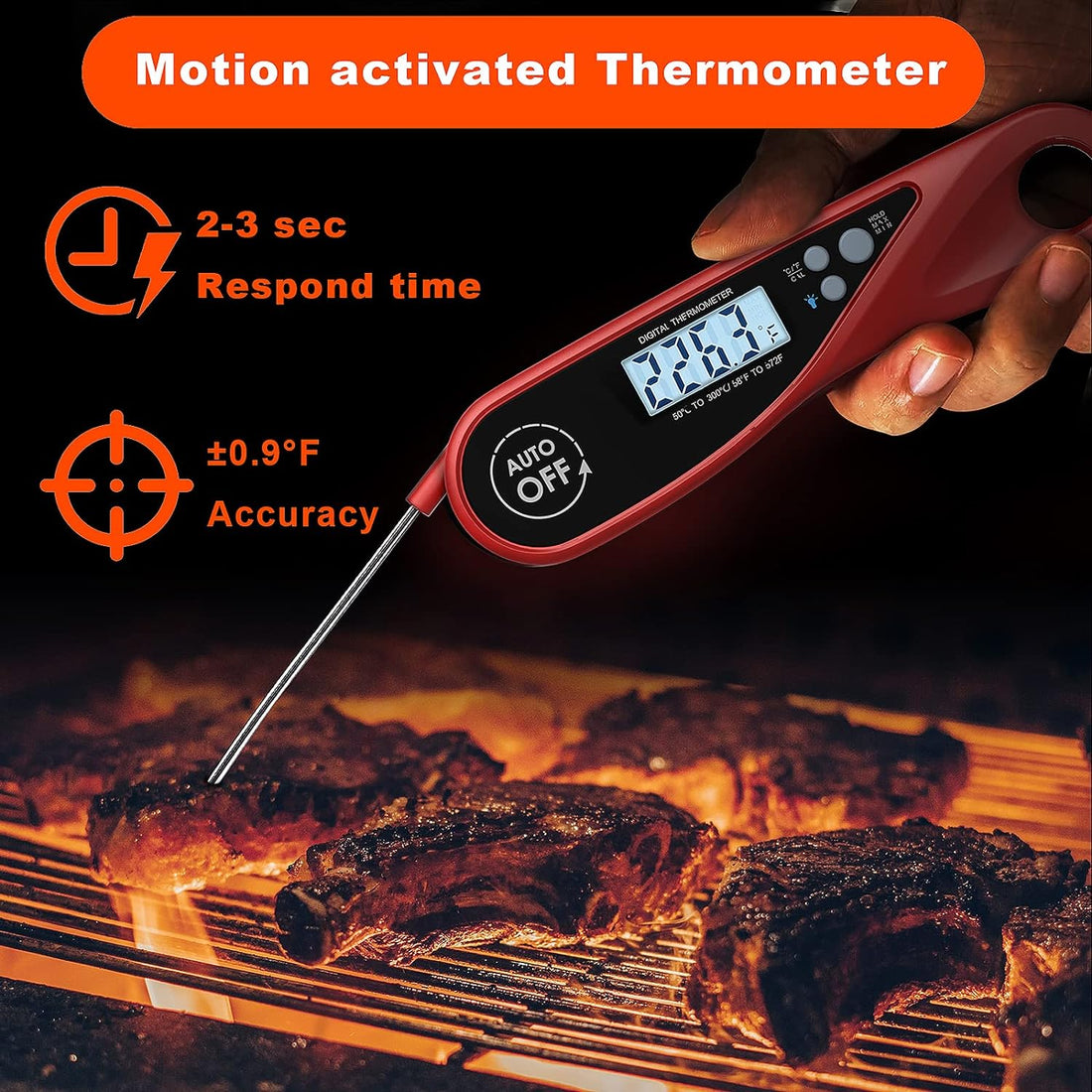 Sangaotian Digital Meat Thermometer, Instant Read Cooking Thermometer with Backlight, Magnet, Waterproof & Foldable, Fast & Precise, Ideal for Deep Fry, BBQ & Roast Turkey,Red