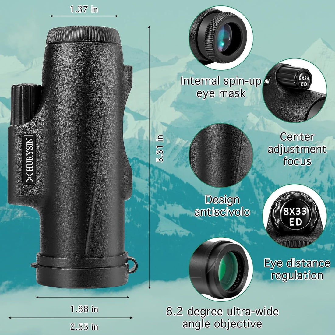 HURYSIN 8X33 mm ED Monoculars - Suitable for Bird Watching, Hunting, Travel