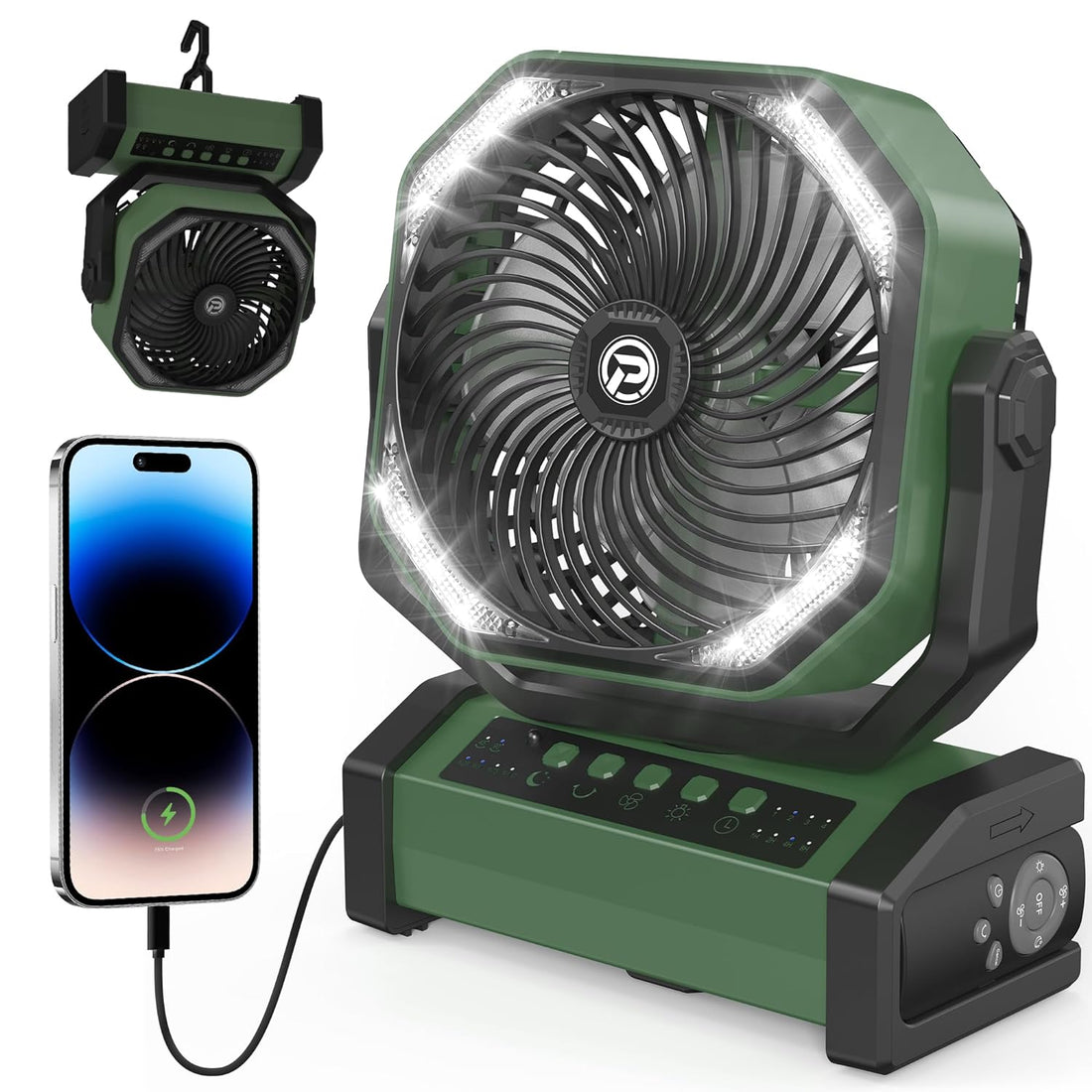 KITWLEMEN USB 20000mAh Table Fan with LED Light, Table Fan with Remote Control and 4 Speed Hook 4 Rechargeable Timer