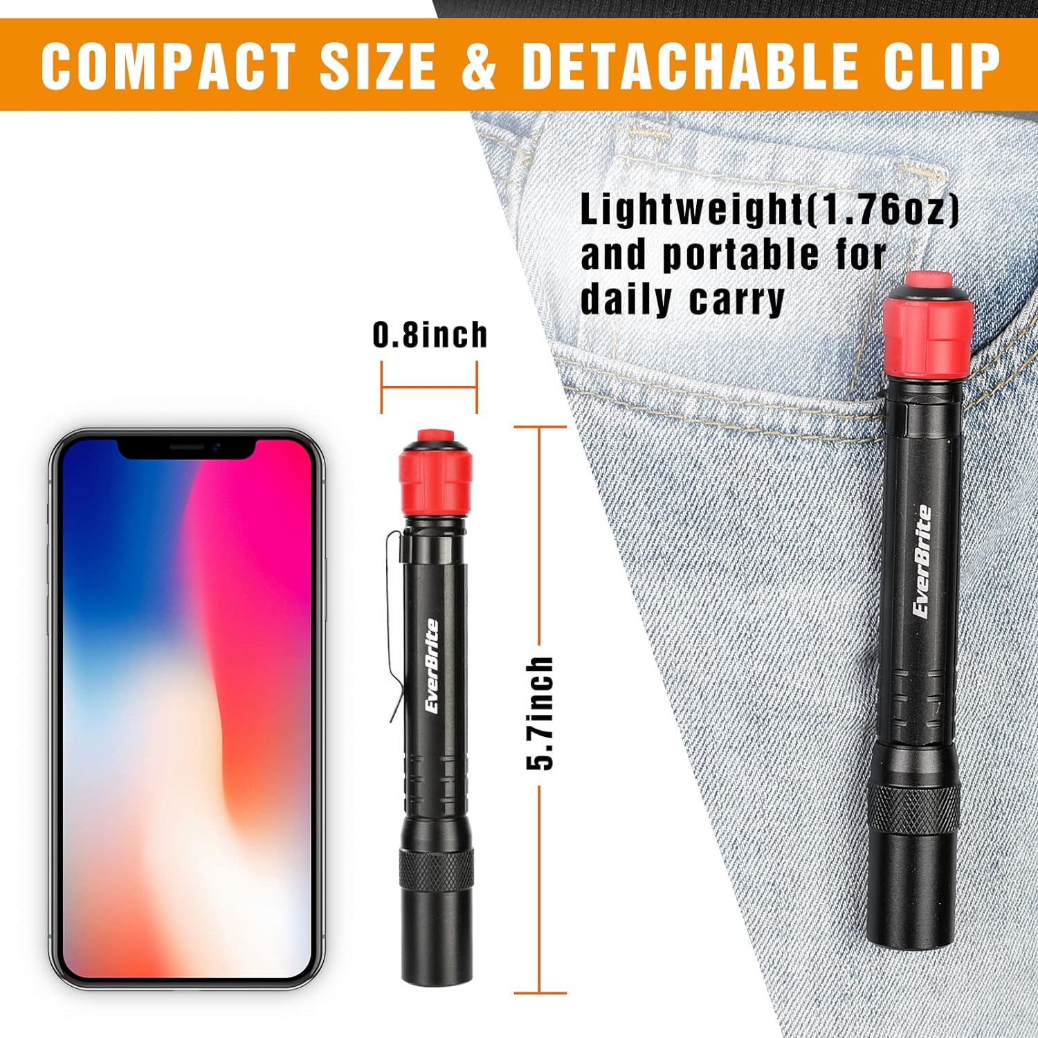 EverBrite Red Light Flashlight with 395nm Blacklight UV/White Light, Multi-Function LED Pocket Pen Light, AAA Batteries Included, for Night Vision, Pet Stain Detection, Camping