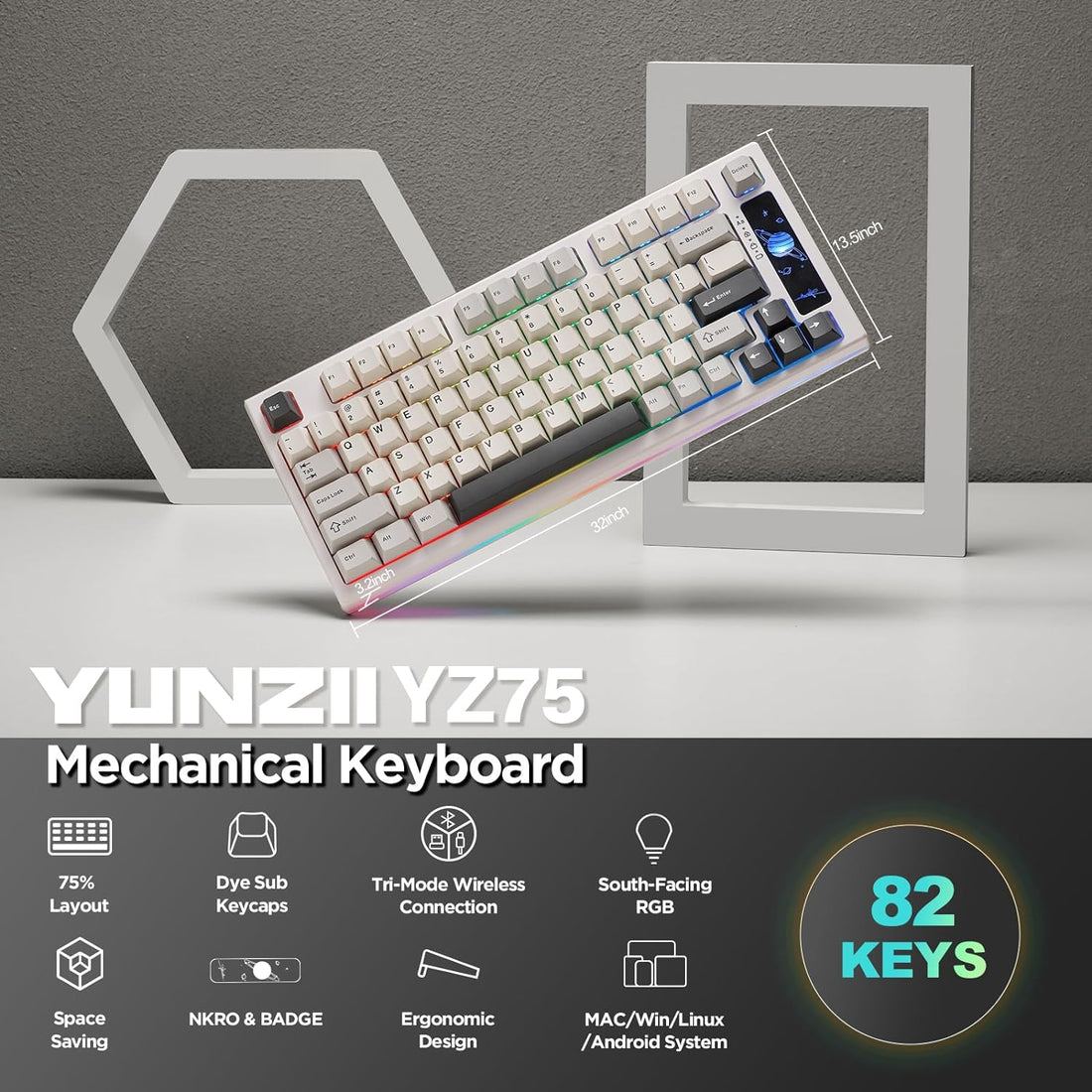 YUNZII YZ75 75% Hot Swappable Wireless Gaming Mechanical Keyboard, RGB Backlights, BT5.0/2.4G/USB-C, Double Shot PBT Keycaps for Linux/Win/Mac (Gateron G Pro Yellow, White)