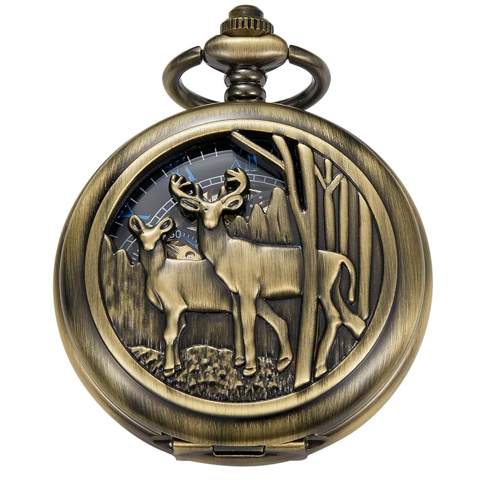 Double Opening Bronze Mechanical Pocket Watch Deer Hollow Case, Two Deer Double Opening Roman Numerals Men's Mechanical Pocket Watch with Chain Gift, MW160