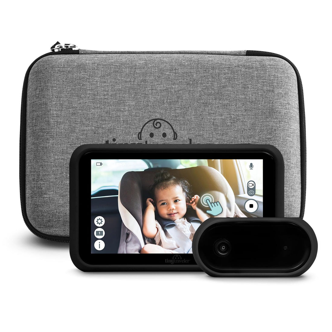 Tiny Traveler | Portable Video Baby Monitoring System with Travel Kit, View Kid in Rear Facing Seat, Night Vision HD 720p 5" Touchscreen, Battery Powered, Split-Screen, Travel Pouch Included - Black