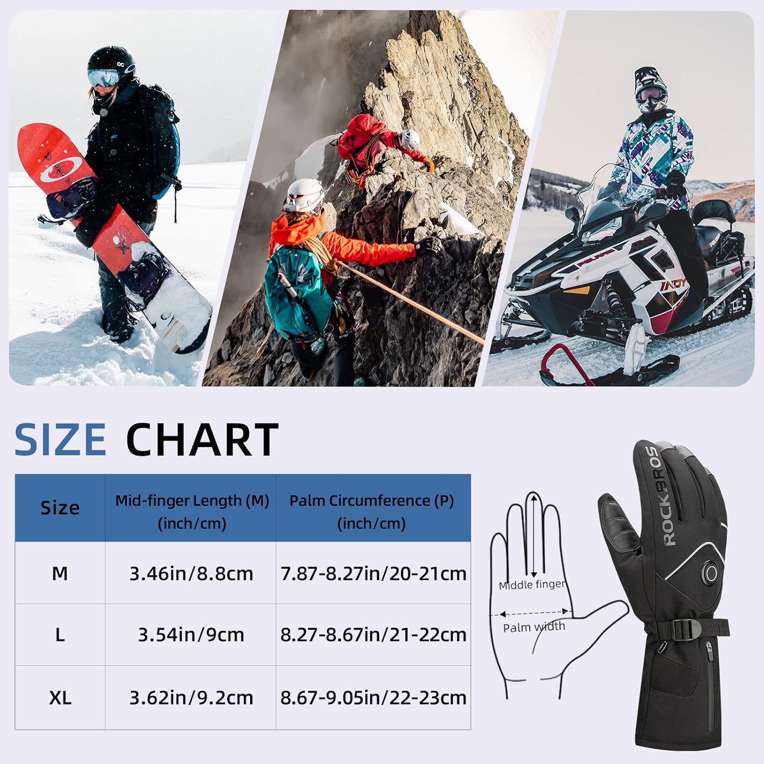 ROCKBROS Heated Gloves Electric Rechargeable Battery Thermal Mittens Gloves for Men Women Winter Touchscreen Waterproof Warm Glove Liners Cold Weather Gloves for Cycling, Skiing, Snowboarding, Black, X-Large