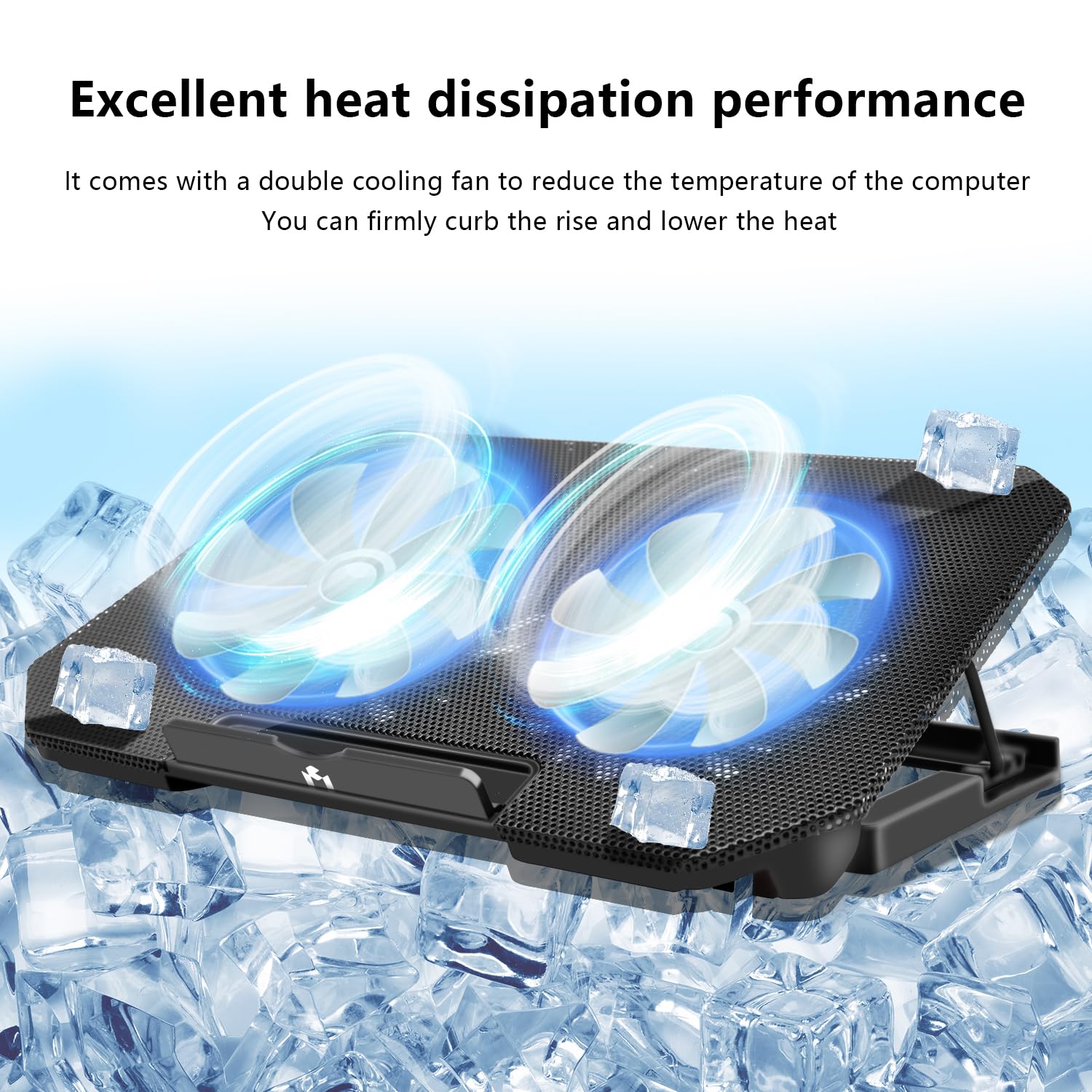 Laptop Cooling Pad, Cooler Pad Chill Mat 2 Quiet Fans LED Lights and 2 USB Ports 5 Height & with Adjustable Speed Mounts Metal Mesh Design, for 9"-17" Laptops（Black）