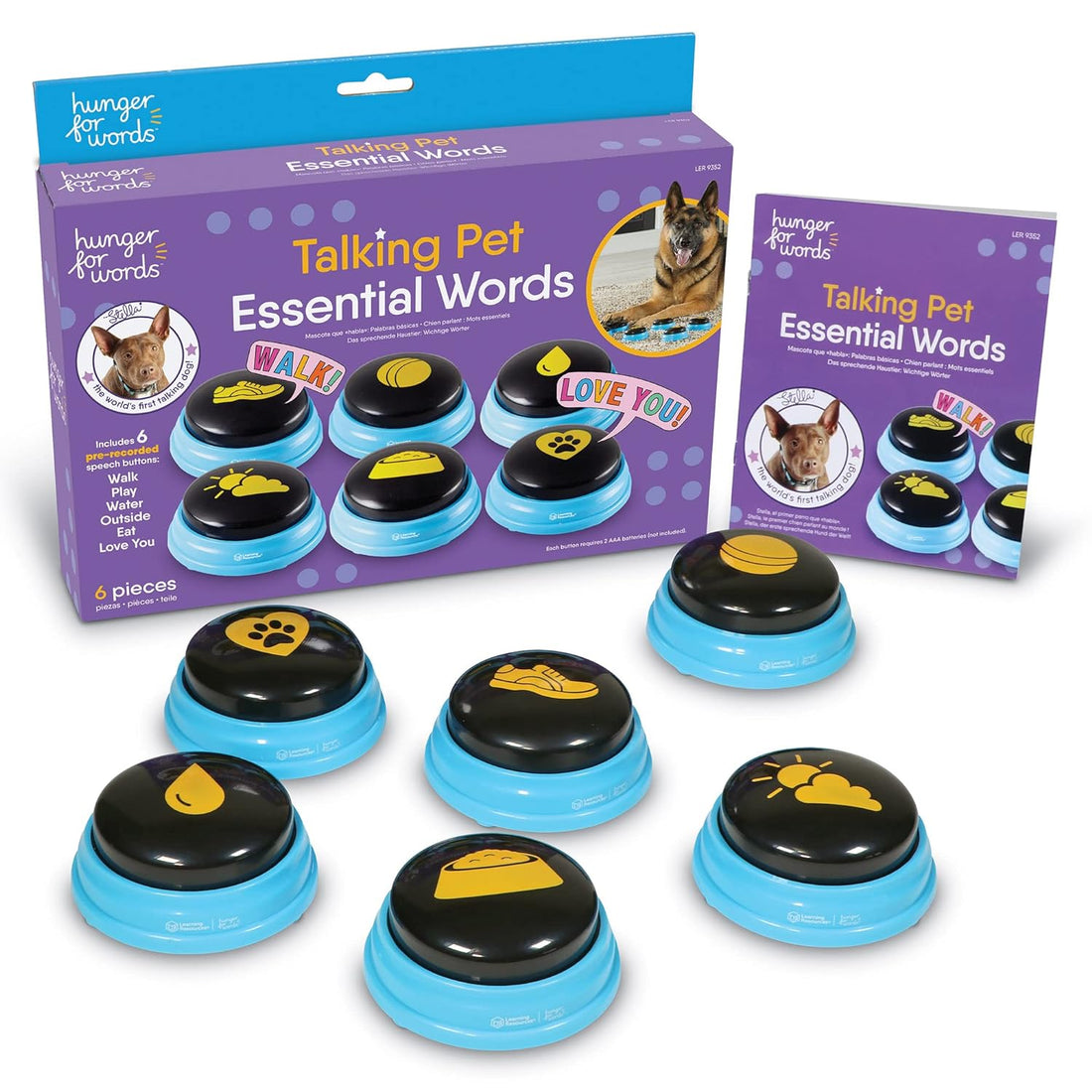Hunger For Words Talking Pet Essential Words - 6 Piece Set Pre-Recorded Speech Buttons for Dogs, Talking Dog Buttons, Perfect for Dog Training and Obedience Games