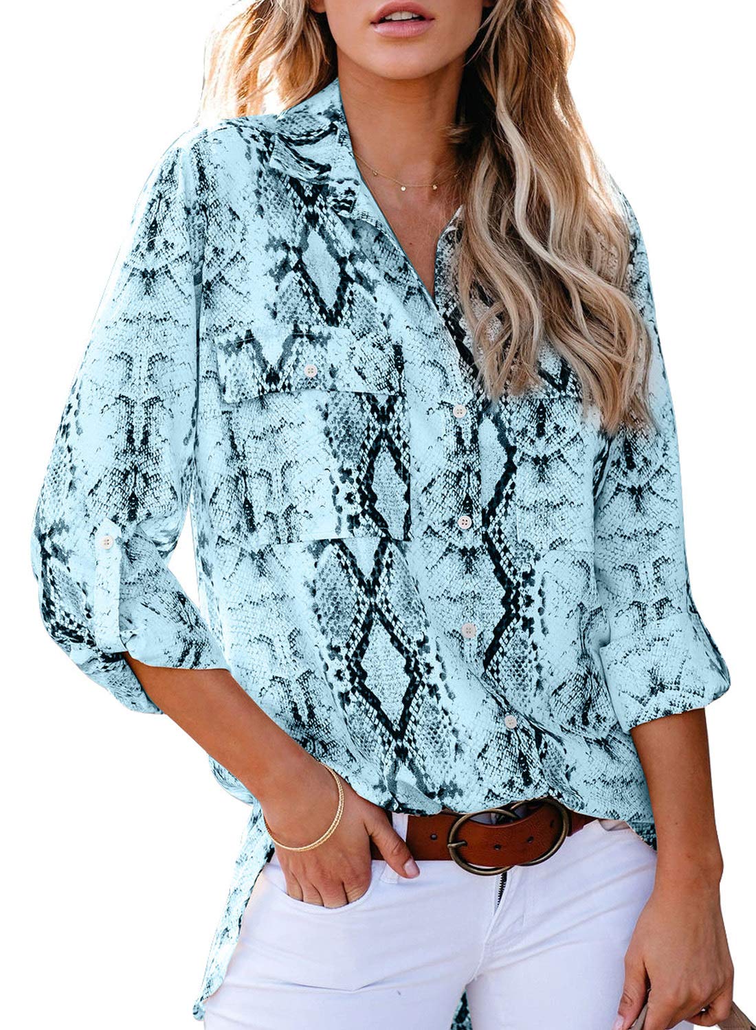 Astylish Women Snake Print Button Down Long Roll up Sleeves Work Shirt Blouse Tops Blue Large