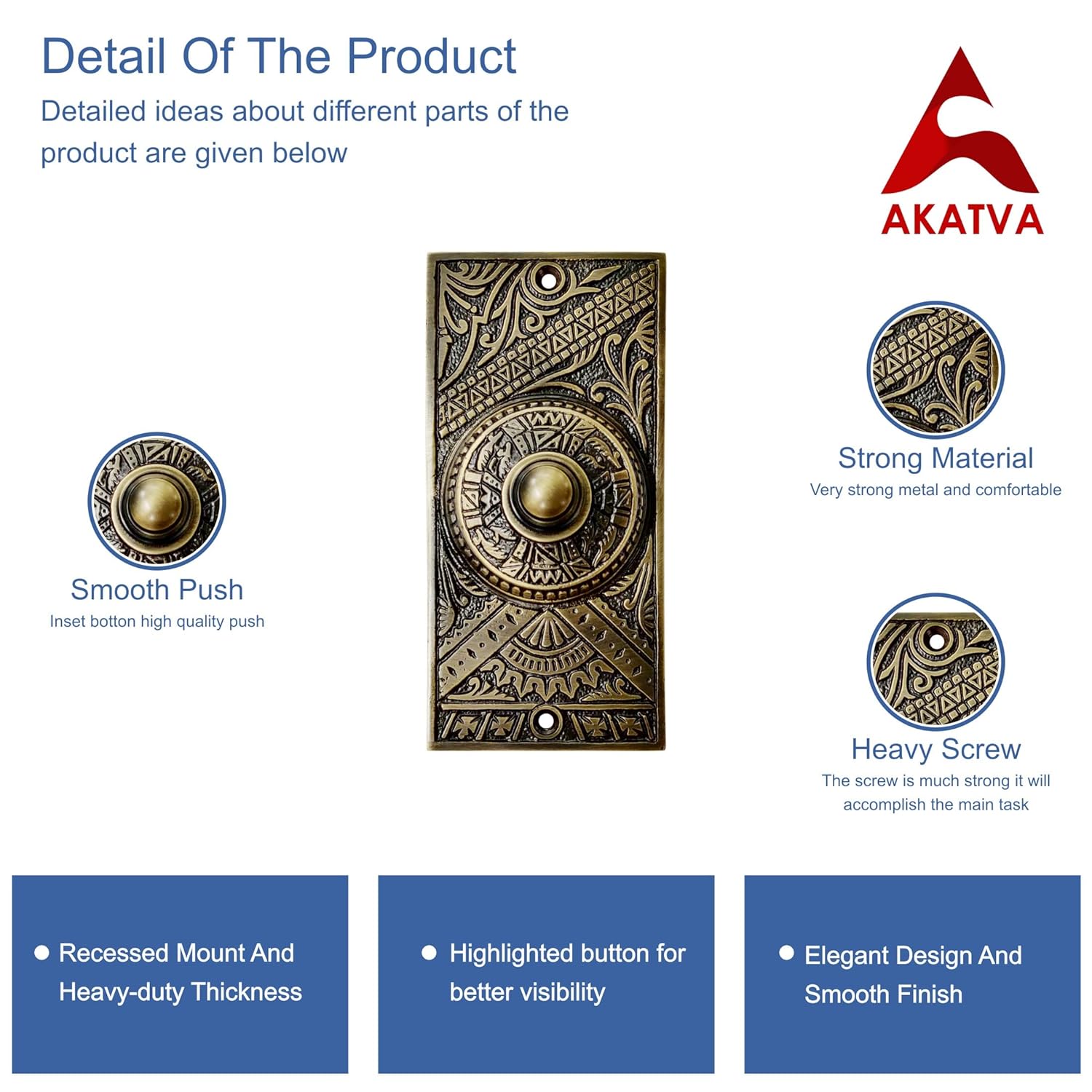 Akatva Decorative Doorbell Button – Finest Quality Bell Push Button – Easy to Install Calling Bell Button – Vintage Décor Doorbell Button Finely Hand Crafted - Antique Brass Finish
