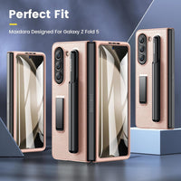 Maxdara for Samsung Galaxy Z Fold Case with S Pen Slot, Z Fold Case with Front Screen Protector Built-in Kickstand PU Leather Protective Case for Samsung Fold (Rose Gold)