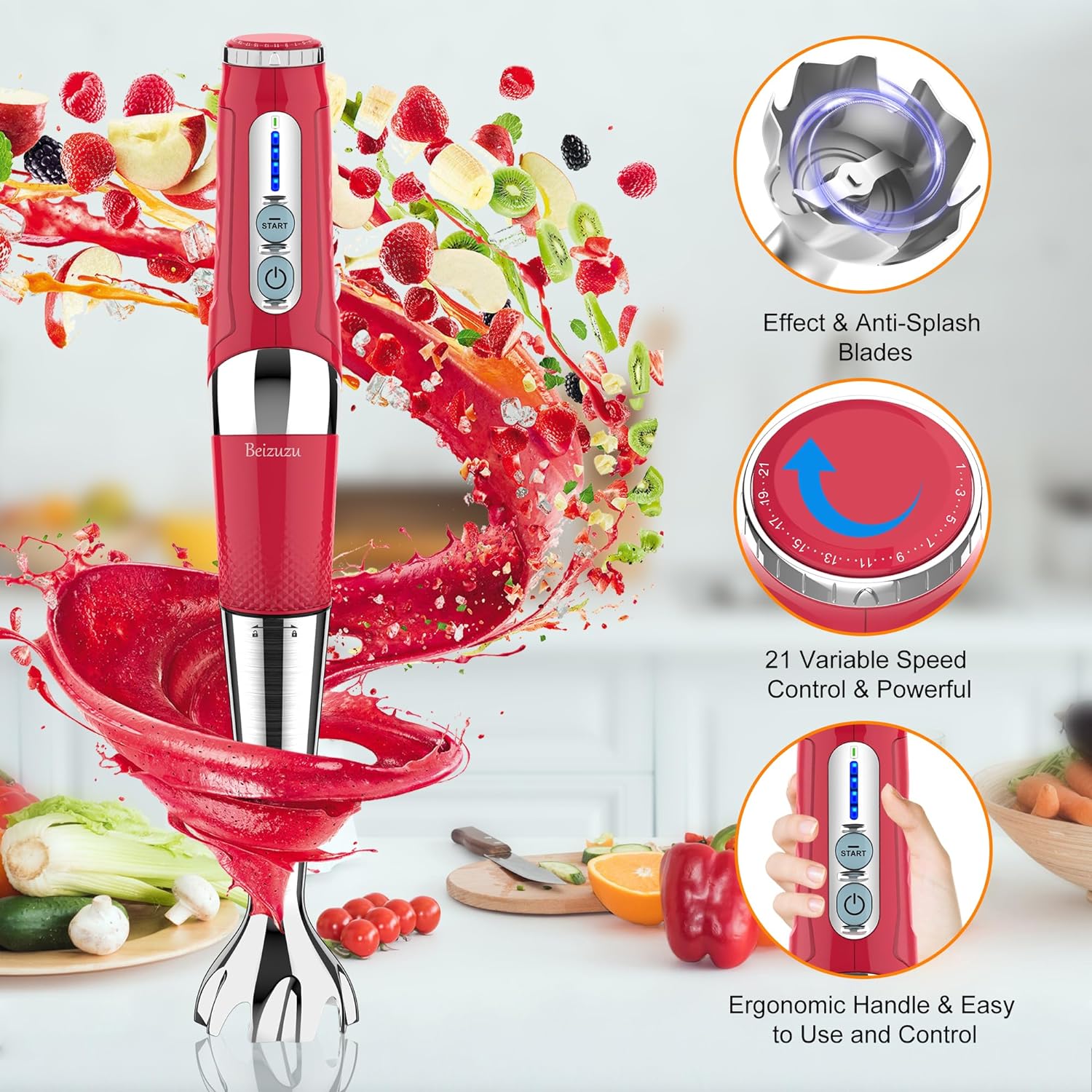 Cordless Hand Blender: Rechargeable Cordless Immersion Blender Handheld, 21-Speed & 3-Angle Adjustable with 304 Stainless Steel Blades for Milkshakes | Smoothies | Soup| Puree | Baby Food (Red)