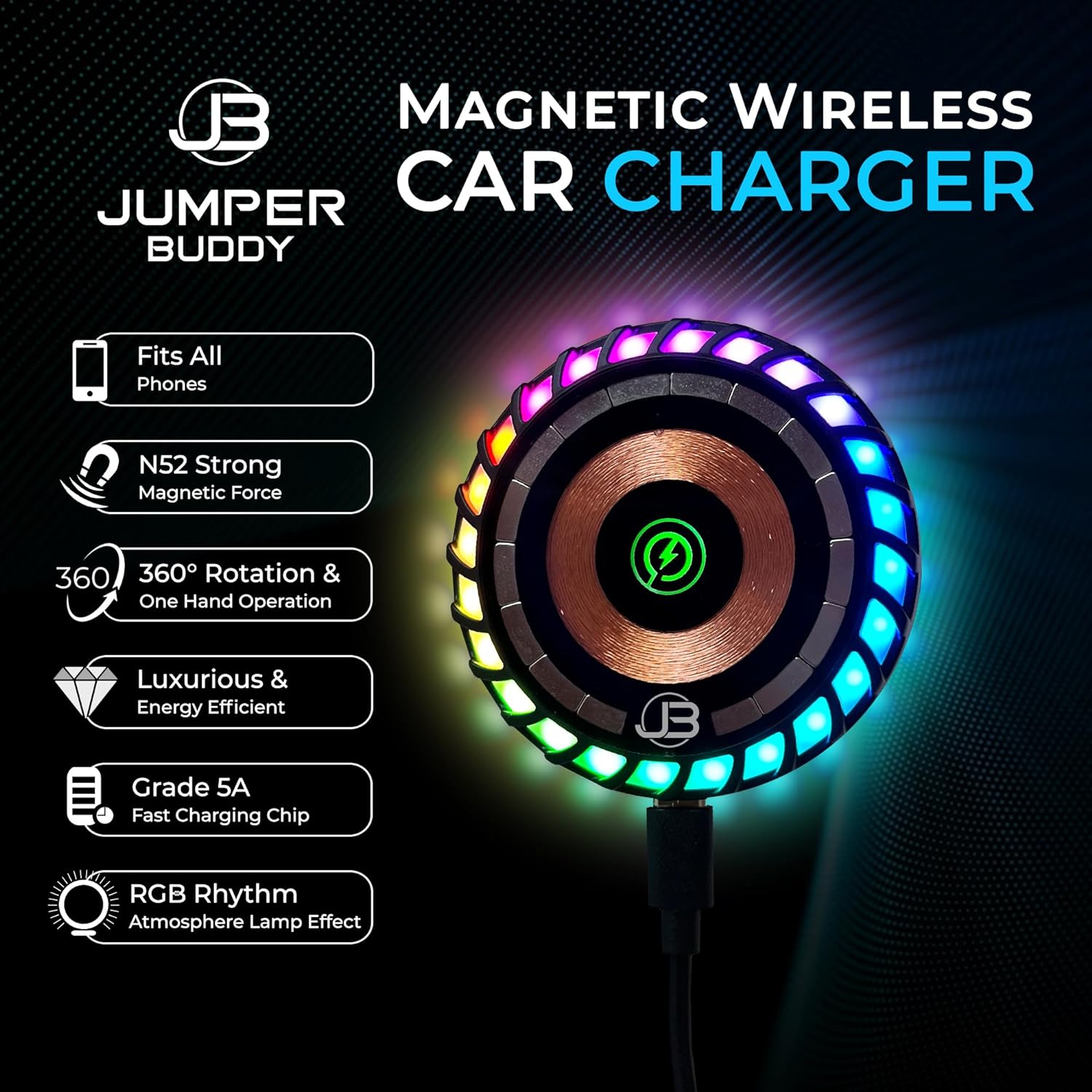 JUMPER BUDDY for MagSafe Magnetic Phone Mount Wireless Charger | Music Reactive Lights - Car Cell Phone Holder | Car Mount Universal Air Vent Clip Car Charger for iPhone 14/13/12, 360° Rotation
