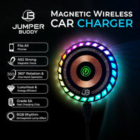 JUMPER BUDDY for MagSafe Magnetic Phone Mount Wireless Charger | Music Reactive Lights - Car Cell Phone Holder | Car Mount Universal Air Vent Clip Car Charger for iPhone 14/13/12, 360° Rotation