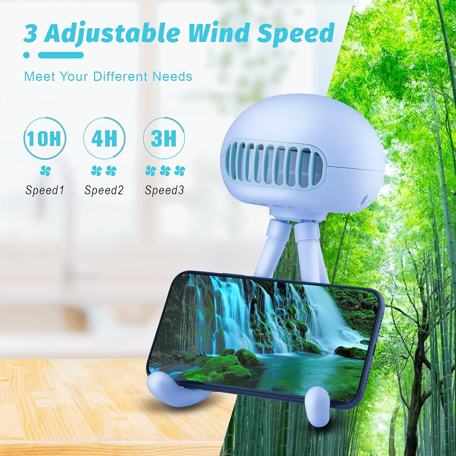 Stroller Fan Mini Handheld Fan Portable Bladeless Fan with Flexible Tripod Clip on Stroller Fan 3 Speeds Rechargeable Battery Operated Fan for Baby Stroller, Bike, Car Seat, Crib and Desktop (Blue)