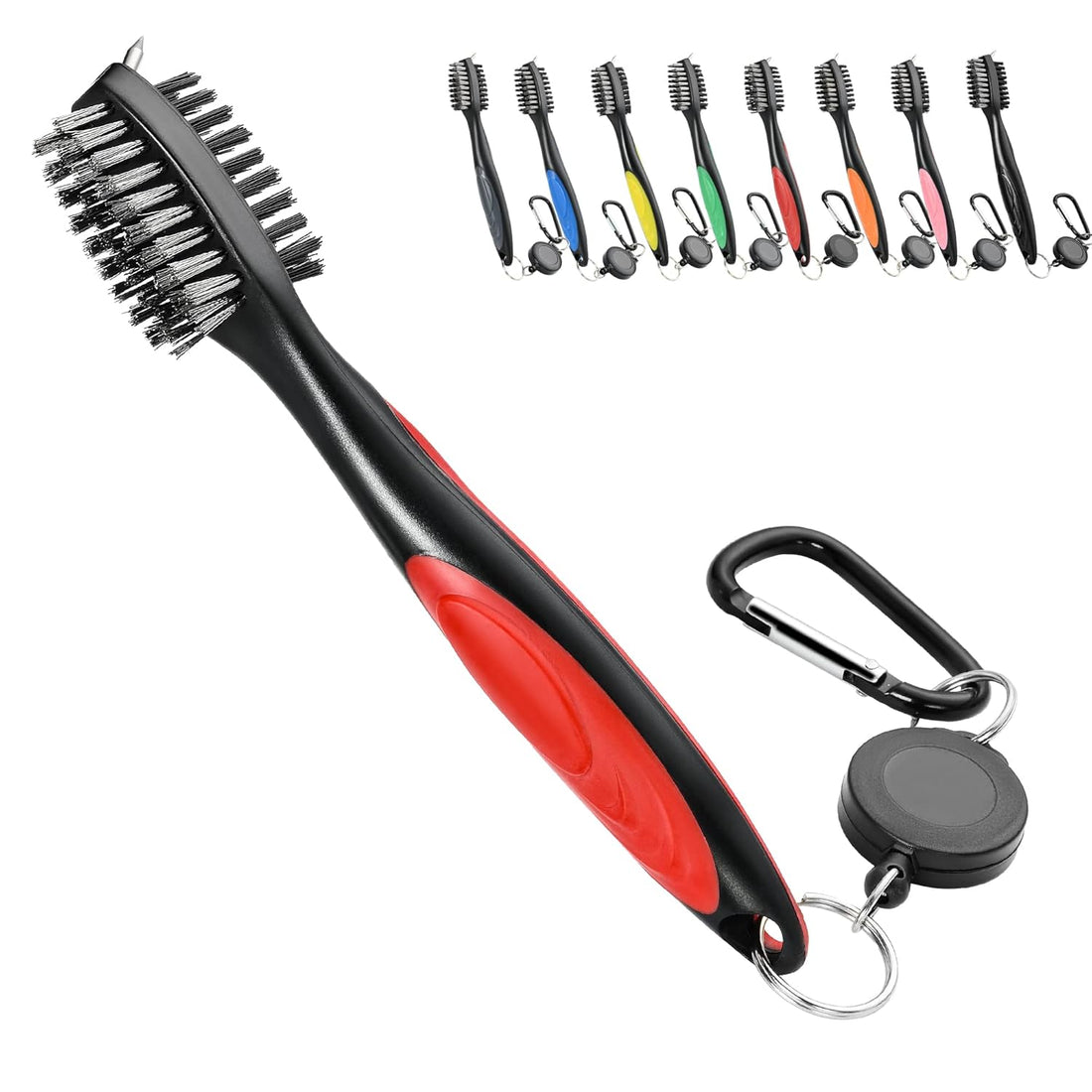 Mile High Life Golf Club Brush Tool Kit with Club Groove Cleaner, Retractable Extension Cord and Clip (8 Colors) Red