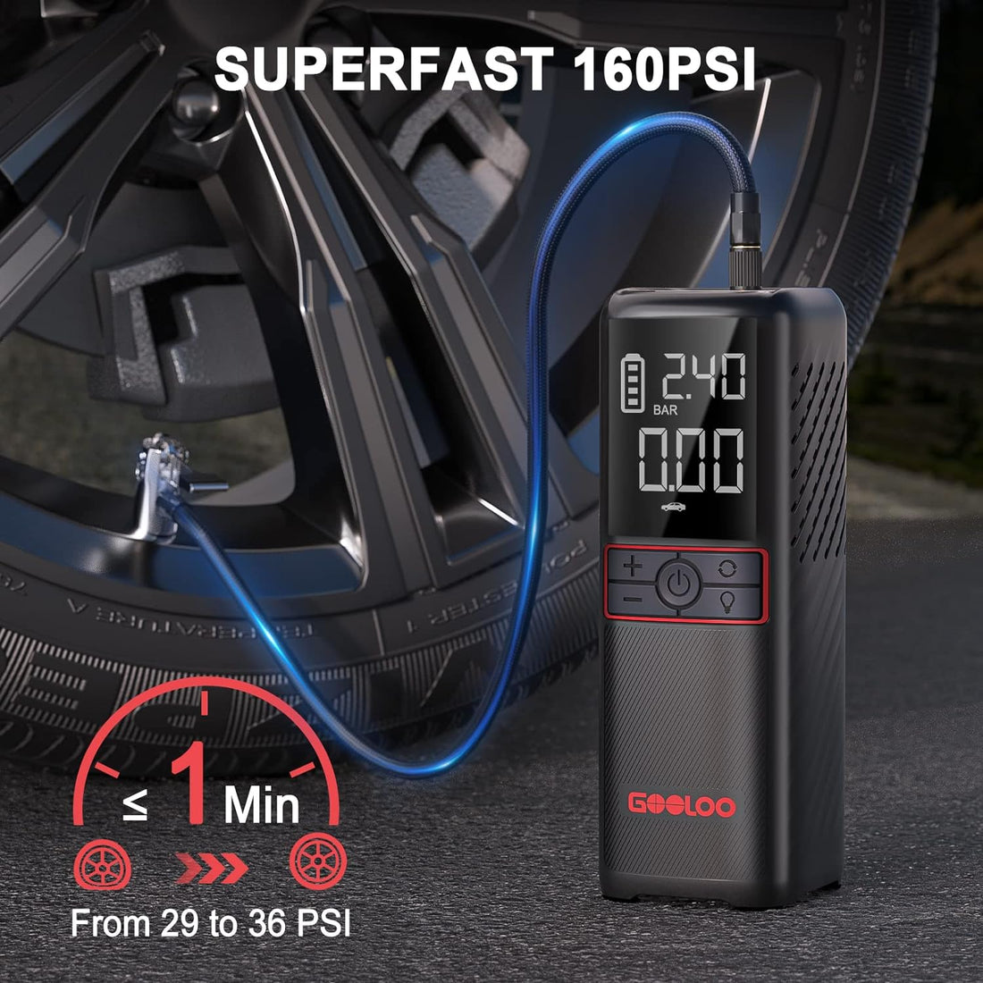 GOOLOO GT160 Tire Inflator Portable Air Compressor, 160PSI Portable Air Pump for Car Tires, 7500mAh Cordless Air Pump with Digital Pressure Suitable for Cars, Bikes, Balls, Motorcycles