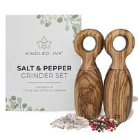 Kindled Ivy Wooden Pepper Grinder & Salt Grinder Shaker Set - Beautiful Natural Wood, Adjustable Ceramic & Non-Eroding Grinders, Ring Top Shape 8x2.5", Refillable, Beautiful Gift Box (Olive Wood)