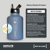GOFILTR 50 Oz Alkaline Hydration Kit - Wide Mouth Insulated Big Water Bottle with Straw Lid & Handle - Includes 2 Alkaline Water Bottle Filter Infusers (Glacier - Alkaline Magnesium (MG))