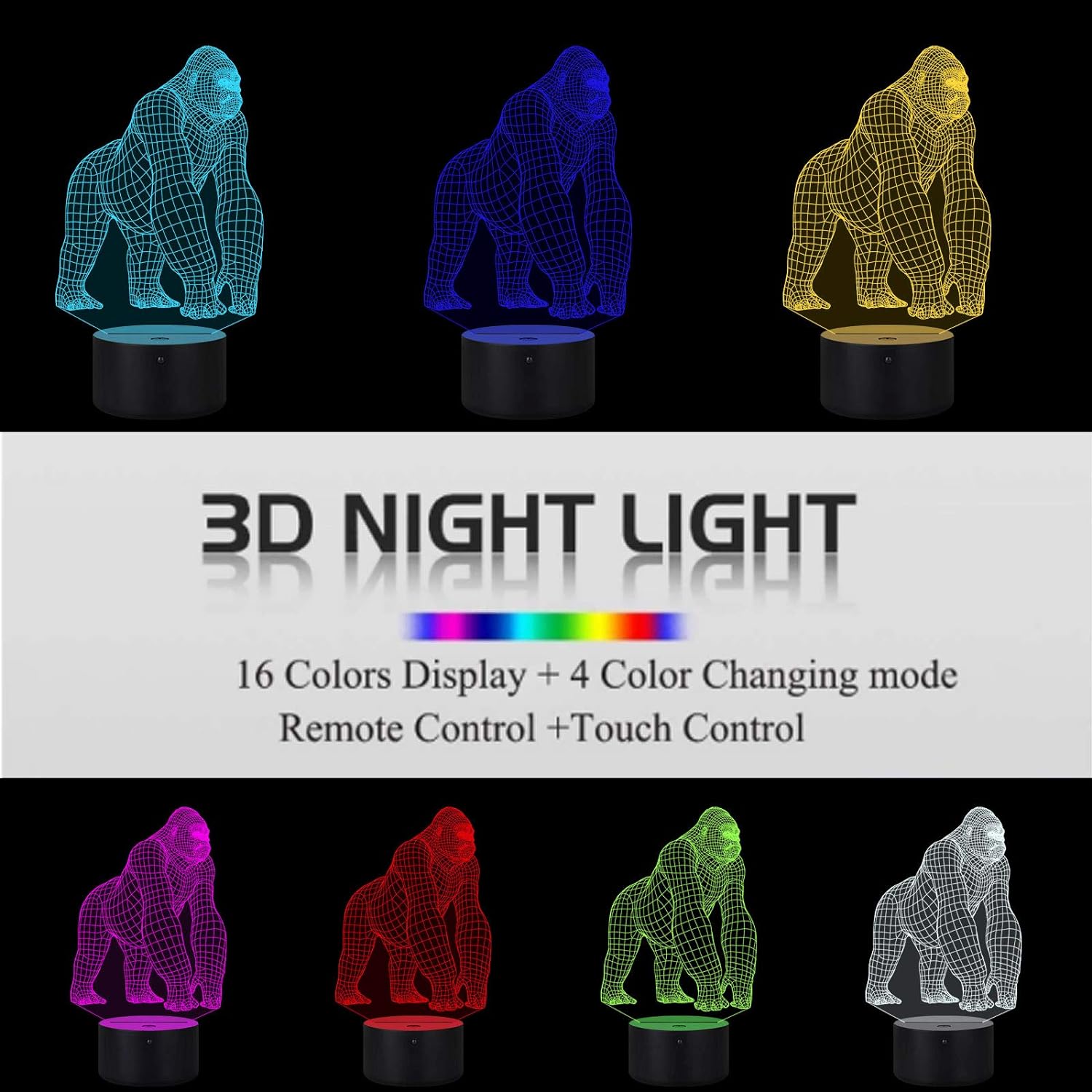 3D Gorilla Lamp Mood Lamp 16 Color Nursery Night Lights Illusion Acrylic LED Table Bedside Lamp, Children Bedroom Desk Decor, Birthday Christmas Gift Cute Toy for Kids Adult