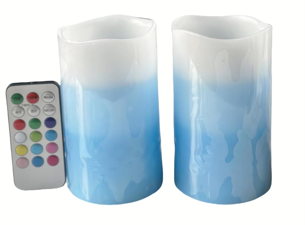 Led Pillar candles with tri-layers blue,Battery Operated , remote and timer ,3 by5 inch height,ocean scent, 2 of set, color changing flicker/light mode option by Adoria