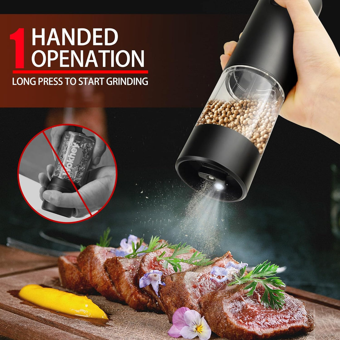 Electric Salt and Pepper Grinder Set, Automatic Mill, Adjustable Coarseness, LED Light - Convenient One-Hand Operation - Perfect for Kitchen and BBQ - Includes Salt and Pepper Shakers (2 Pack)