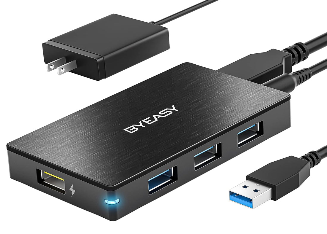 Powered USB Hub, BYEASY Aluminum USB 3.0 Hub 4 Ports with Power Adapter and 1 BC 1.2 Charging Port, Ultra Slim USB Splitter for iMac Pro, MacBook Air/Mini, PS4, Surface Pro, Notebook PC, Laptop, HDD
