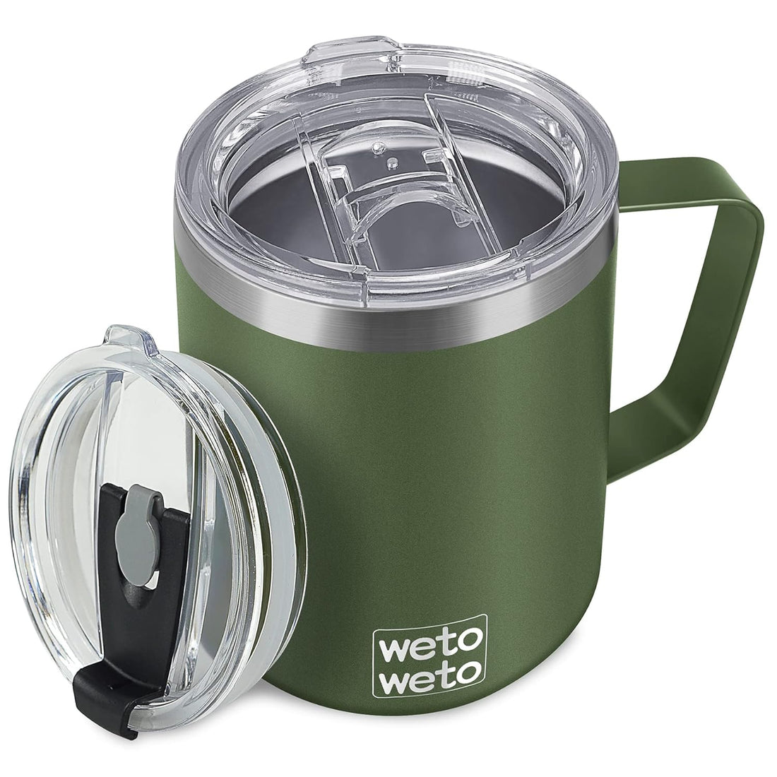 WETOWETO Coffee Mug with Handle, 14oz Insulated Stainless Steel Reusable Coffee Cup, Double Wall Coffee Travel Mug, Powder Coated Olive Green