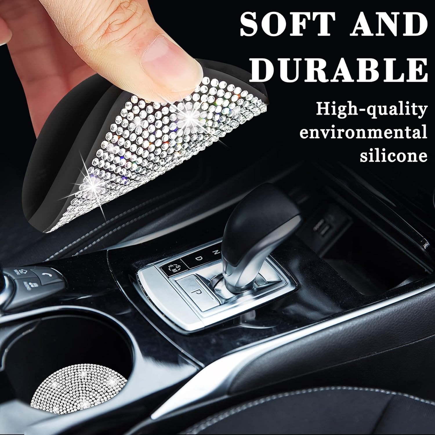 Car Coasters for Cup Holder,Dermasy 2 Pack Cute Bling Car Cup Holder Coaster with Rhinestone for Women and Girl 2022 Universal Anti Slip Silicone Automotive Interior Accessories Set (All Silver)