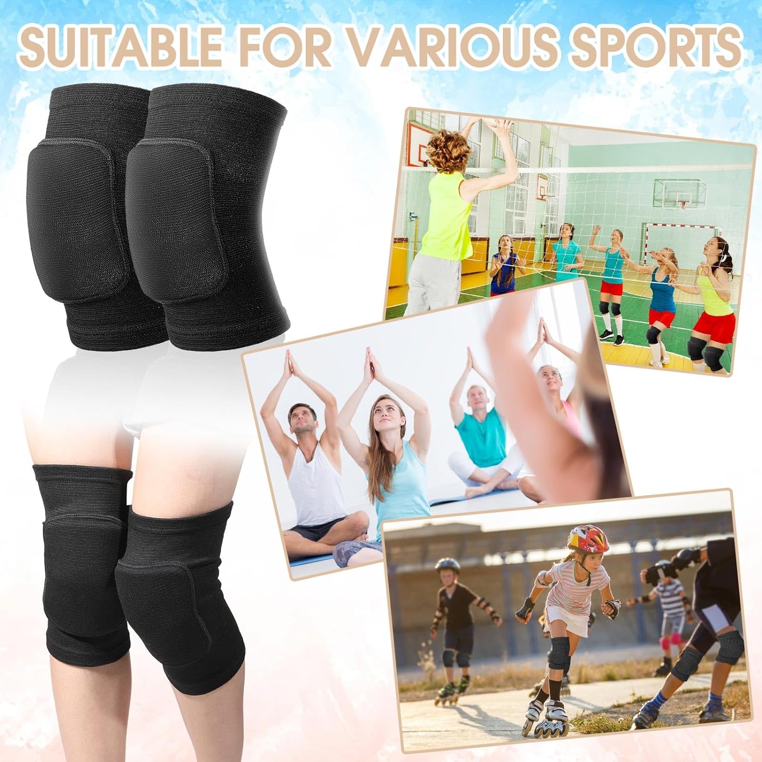 Yunsailing 6 Pairs Knee Pads for Women Men, Soft Breathable Volleyball Knee Pads Tactical Knee Pads Knee Protector Workout Knee Pads for Basketball Football Hockey Dance Running (Black,S Size)