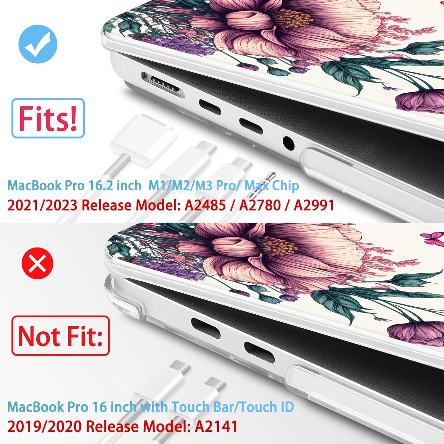Mektron Case for M3 MacBook Pro 16" M1 A2485/M2 A2780 (2021/2023) with Touch ID, Hard Shell Plastic Laptop Cover Keyboard Skin Compatible MacBook Pro 16.2" M1 Pro/Max Chips, Butterfly Flower C077
