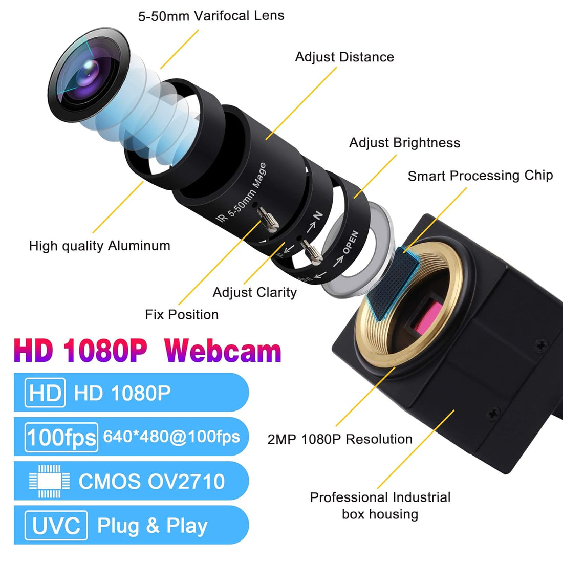 ALPCAM 2MP USB Camera 1920X1080@30fps Webcam with 5-50mm Varifocal Lens,VGA 100FPS USB Zoom Conference Camera with CMOS OV2710 Sensor,UVC Webcamera for Android Windows Mac Linux USBFHD01M-SFV(5-50)