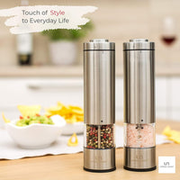 Electric Pepper Grinder or Salt Grinder - Battery Operated Stainless Steel Pepper Mill with Light - One Handed Operation - Adjustable Ceramic Grinder