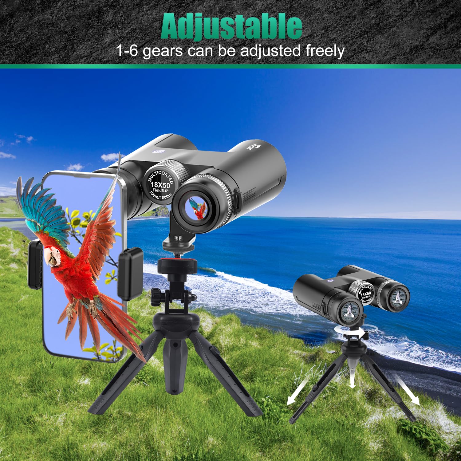 18x50 HD Binoculars for Adults with Upgraded Phone Adapter, Tripod and Tripod Adapter - Professional Waterproof Binoculars with BaK4 prisms and Large View for Bird Watching,Hunting,Travel