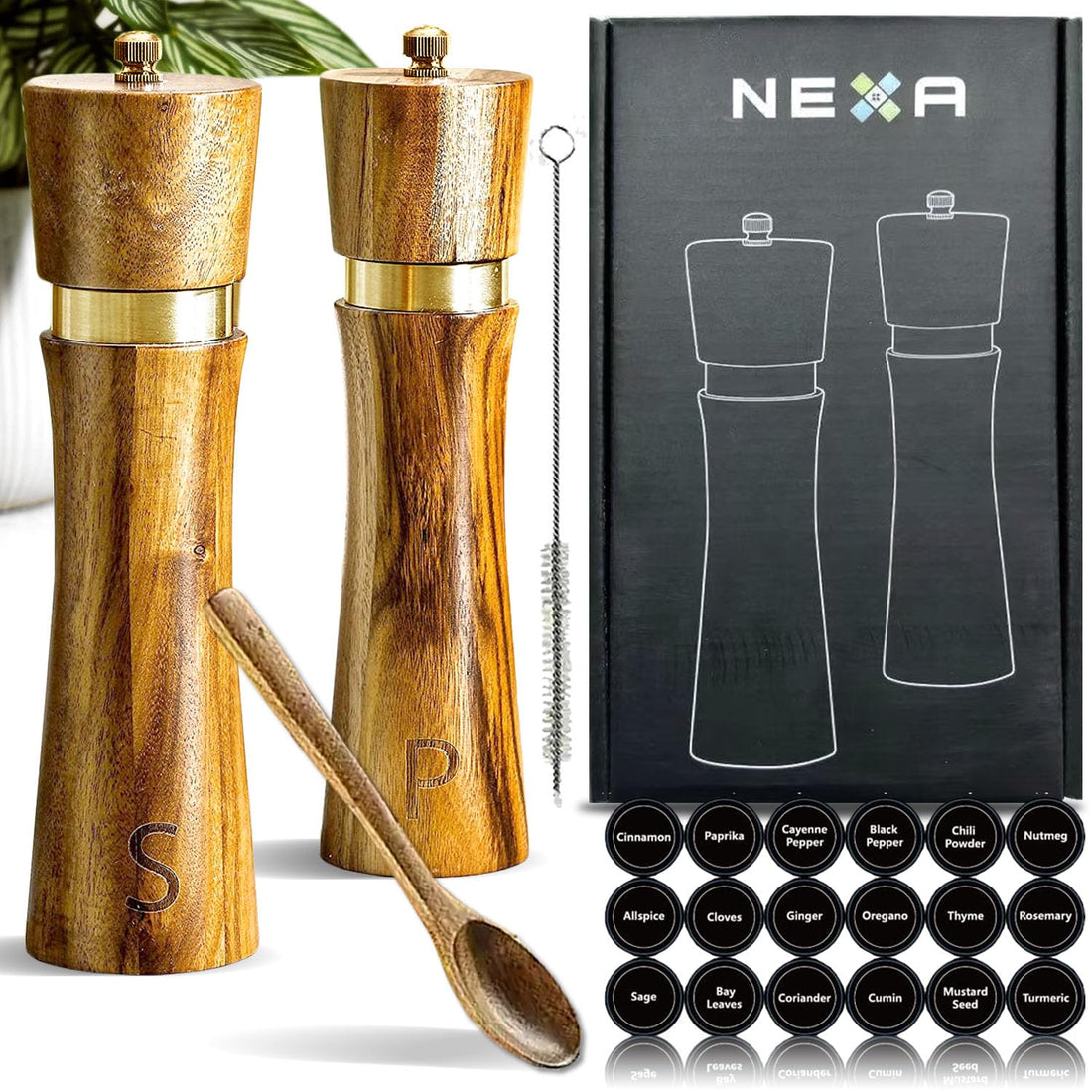 NEXA Wooden Salt and Pepper Grinder Set Manual, Acacia Wood Salt and Pepper Mill Grinders 36 spices labels, Refillable Pepper and Salt Grinder Seasoning Set, Stainless Steel and Ceramic Grinder