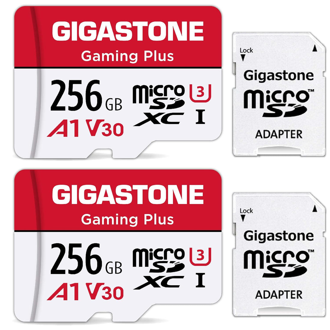 [Gigastone] 256GB Micro SD Card 2 Pack, Gaming Plus, MicroSDXC Card for Nintendo-Switch, Wyze, GoPro, Dash Cam, Security Cam, 4K Video Recording, UHS-I A1 U3 V30 C10, up to 100MB/s, with Adapter