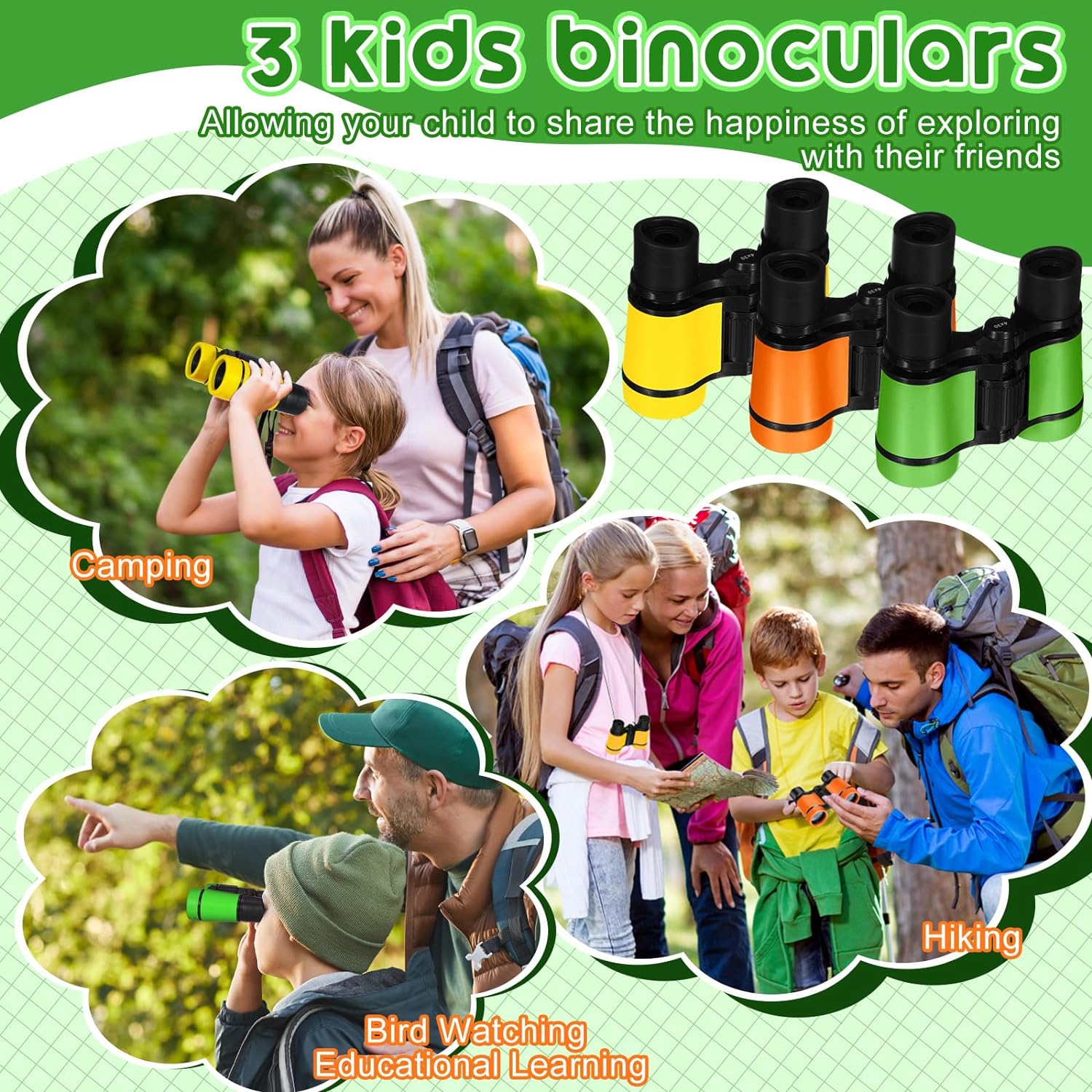 Halloscume 3 Pcs Kids Binoculars Shock Proof Mini Binoculars Gifts for Age 6-12 Years Old Boys Girls Bird Watching Educational Learning Camping Hiking Birthday Presents(Green, Orange, Yellow)