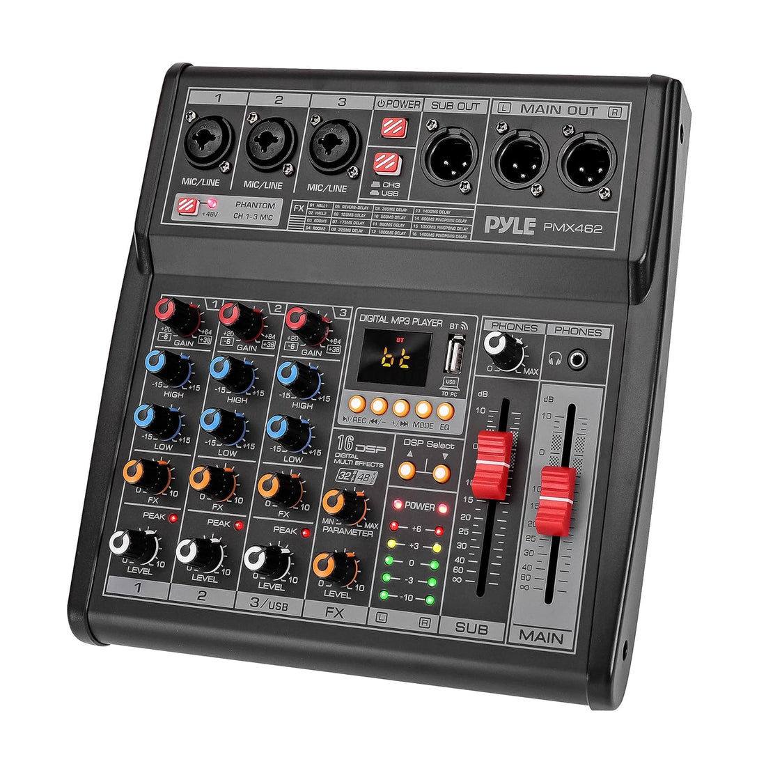Professional DJ Audio Mixer Controller - 3-Channel DJ Controller Sound Mixer w/ DSP 16 Preset Effects, USB Interface, 3 Mic/Line Input, Built-in FX Processor MP3 Player, Headphone Jack - Pyle PMX462
