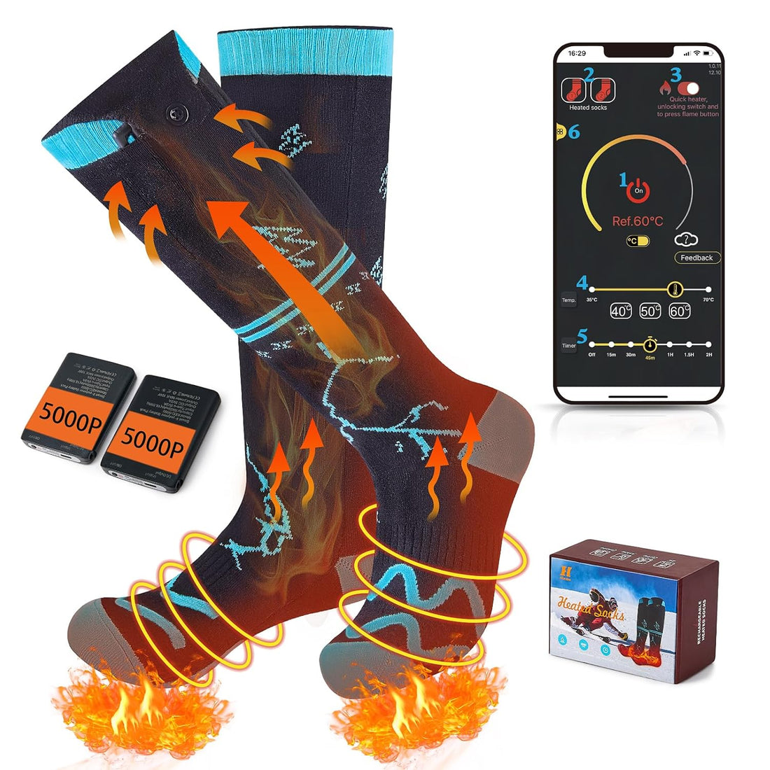 IFNOW Heated Socks for Men Women 5000mAh APP Control Battery Heated Socks Rechargeable Washable Electric Socks Foot Warmer for Hiking Biking Camping Skiing Hunting Outdoor Work Warm Socks