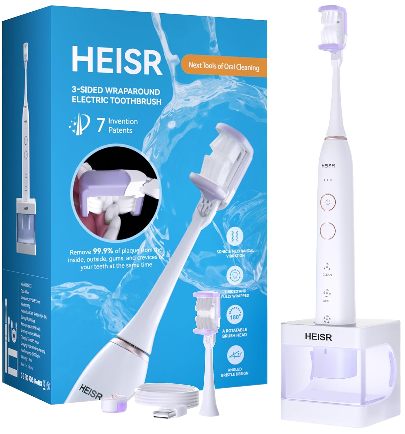 Heisr 3-Sided Wraparound Sonic Whitening Electric Toothbrush for Adults,180° Rotatable Mechanical Brush Head,25° Angled Soft Bristle,3 Modes with Timer,Rechargeable,One Charging for 90 Days,White