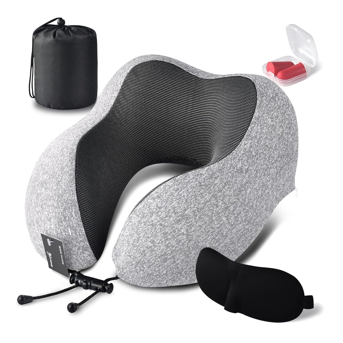 BIGTONE Travel Pillow 100% Pure Memory Foam Neck Pillow, Comfortable & Breathable Cover, Machine Washable, Airplane Travel Kit with 3D Contoured Eye Masks, Earplugs, and Luxury Bag, Standard (Grey)