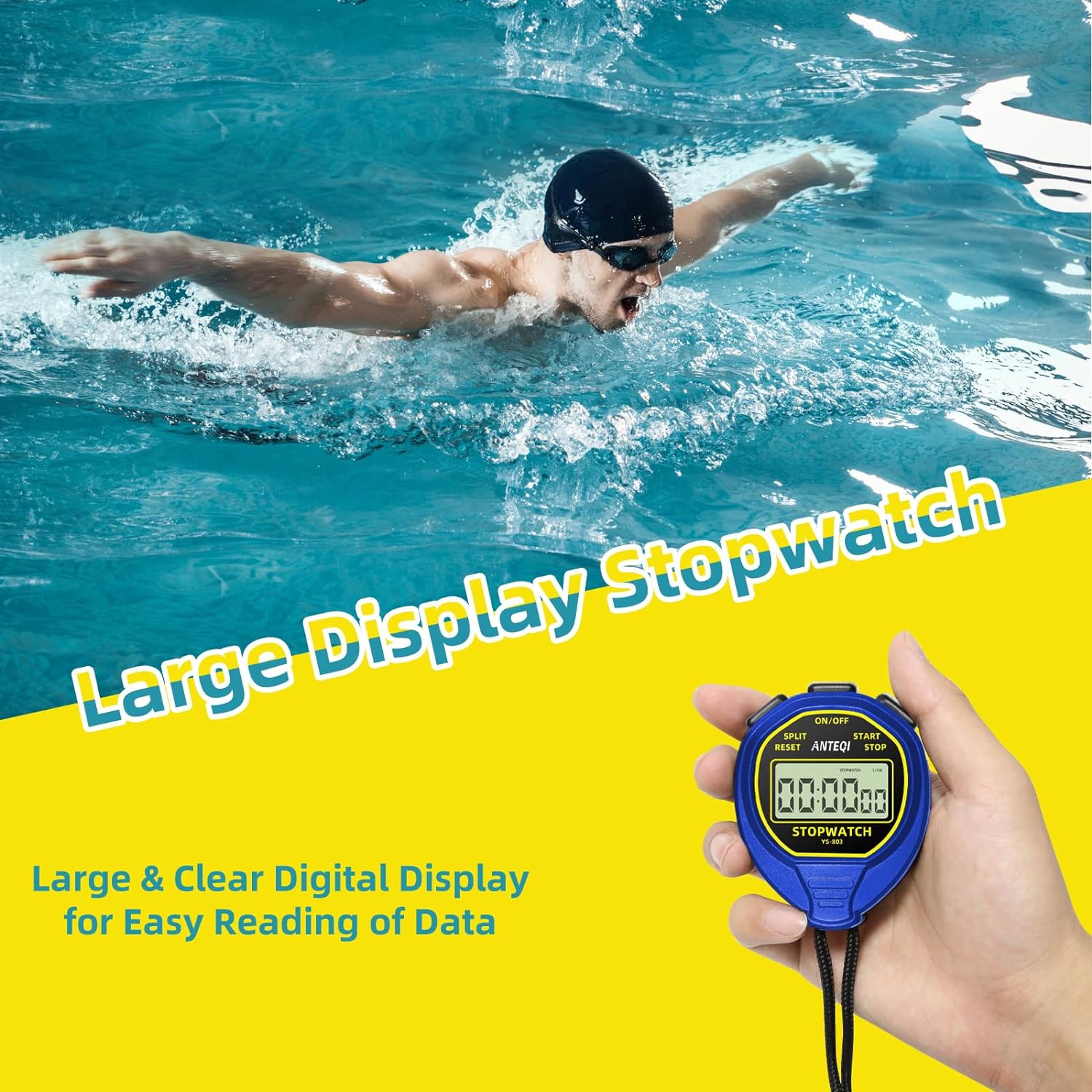 ANTEQI Waterproof Stopwatch Timer, Large Display Simple Stopwatch with ON/Off Function No Clock No Calendar No Alarm Basic Operation, Silent Stop Watch for Sports Coaches Swimming Running Training